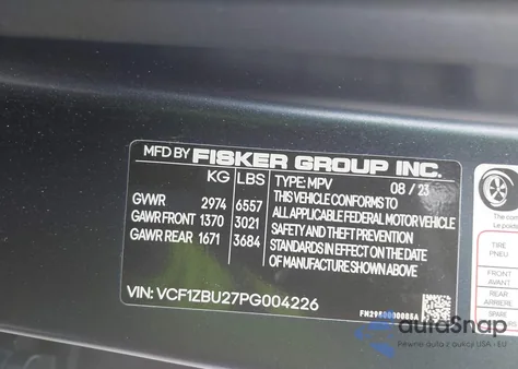 2023 Fisker Ocean One z USA, uszkodzony, nr VIN VCF1ZBU27PG004226